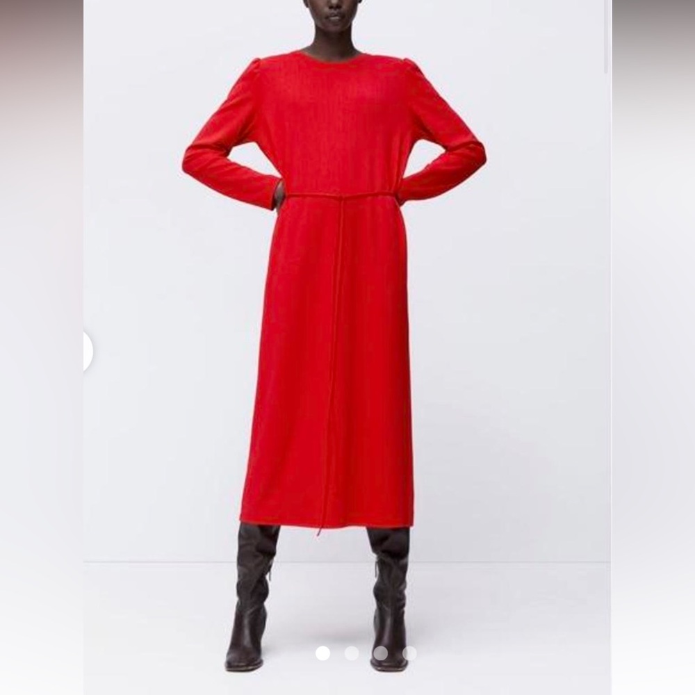 Zara Red Long Sheath Dress with Puff Sleeves and Belt- Small